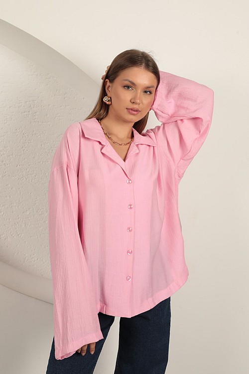 Çilek Kumaş Kadın Gömlek-Pembe