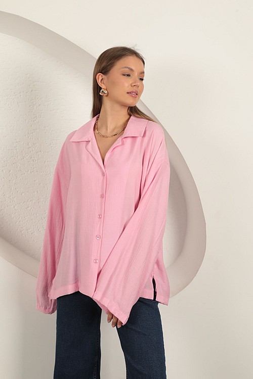 Çilek Kumaş Kadın Gömlek-Pembe