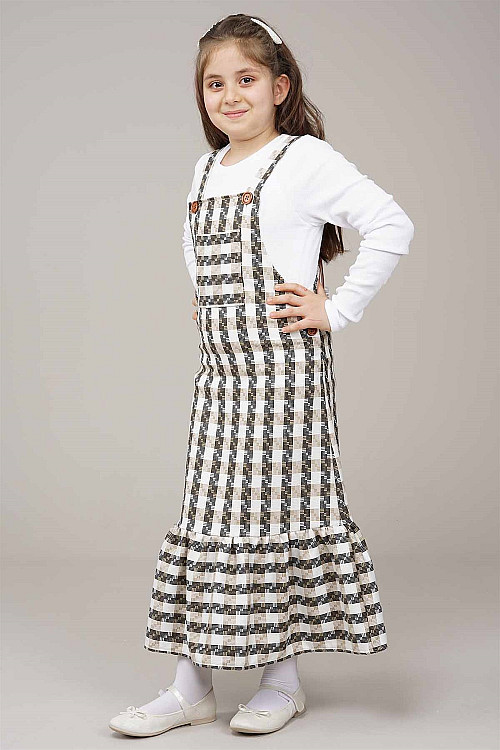 Genç Kız Askılı Bahçıvan Jile Elbise  Bej
