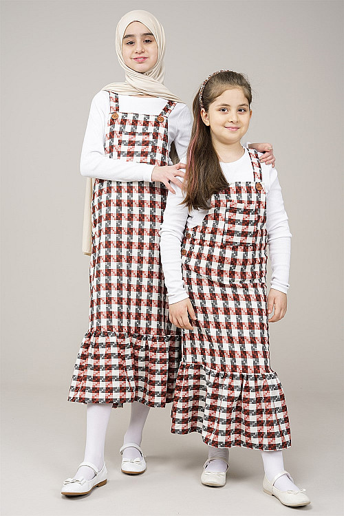 Genç Kız Askılı Bahçıvan Jile Elbise  Kiremit