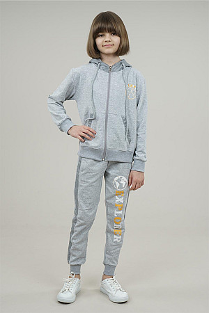 Young Girls Print Detailed Tracksuit Set Dark Gray