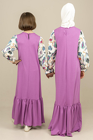 Young Girl&#39;s Wide Cut Sleeves Patterned Long Dress Purple