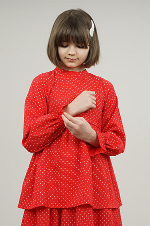 Young Girl Skirt Layered Polka Dot Detailed Dress Red