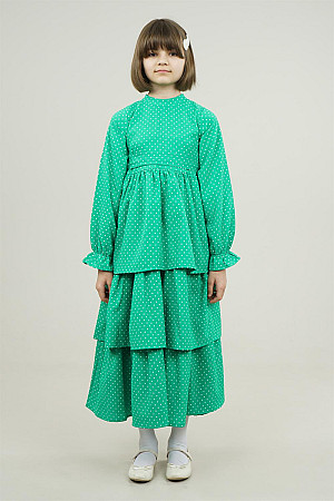 Genç Kız Eteği Kat Kat Puantiye Detaylı Elbise Yeşil