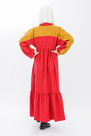 Genç Kız Garnili Beli Büzgülü Elbise  Kırmızı-Hardal