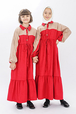 Genç Kız Garnili Beli Büzgülü Elbise  Kırmızı-Bej