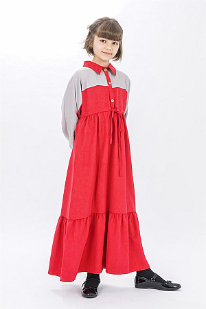 Genç Kız Garnili Beli Büzgülü Elbise  Kırmızı-Gri