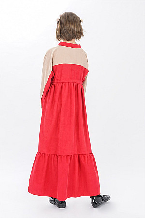 Genç Kız Garnili Beli Büzgülü Elbise  Kırmızı-Bej