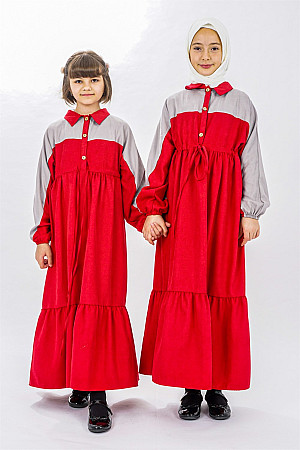 Genç Kız Garnili Beli Büzgülü Elbise  Kırmızı-Gri