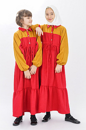 Genç Kız Garnili Beli Büzgülü Elbise  Kırmızı-Hardal