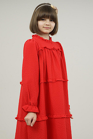Young Girl&#39;s Wide Cut Layered Ruffled Sleeves Elastic Dress Red