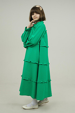 Young Girl&#39;s Wide Cut Layered Frilled Sleeves Elastic Dress Green