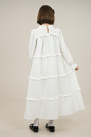 Young Girl&#39;s Wide Cut Layered Frilly Sleeves Elastic Dress White
