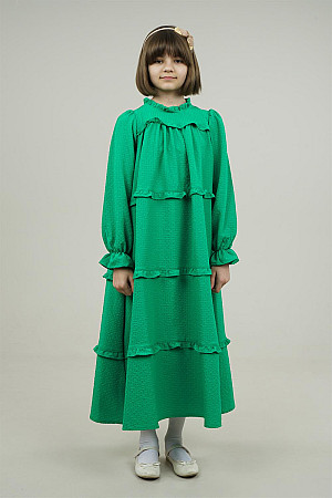 Genç Kız Geniş Kesim Katlı Fırfırlı Kolları Lastikli Elbise Yeşil