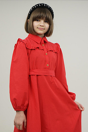 Genç Kız Gömlek Yaka Fırfır Detaylı Uzun Elbise Kırmızı