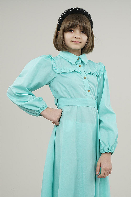 Genç Kız Gömlek Yaka Fırfır Detaylı Uzun Elbise Mint