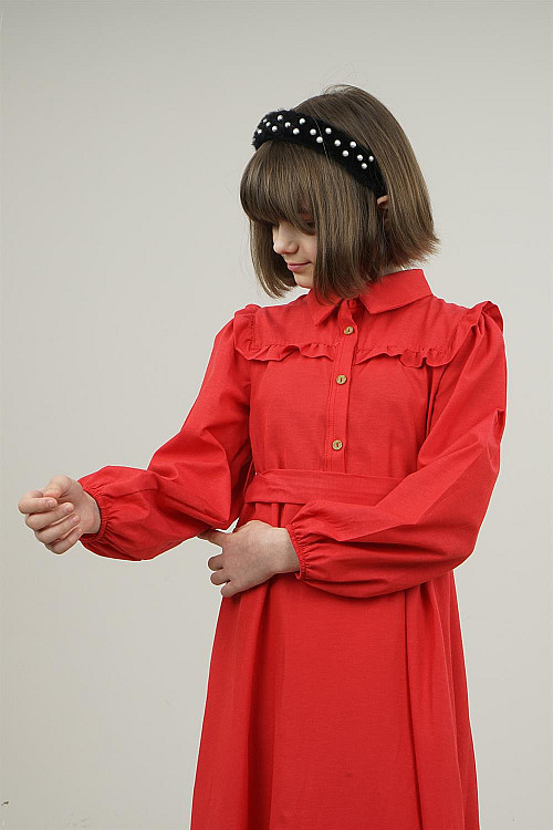 Genç Kız Gömlek Yaka Fırfır Detaylı Uzun Elbise Kırmızı