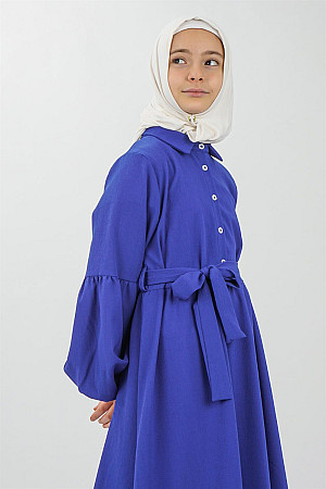 Genç Kız Gömlek Yaka Küpür Detaylı Kolları Lastikli Elbise Saks Mavisi