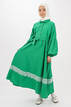 Genç Kız Gömlek Yaka Küpür Detaylı Kolları Lastikli Elbise Yeşil