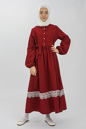 Young Girl&#39;s Shirt Collar Dress with Stitching Detail and Elastic Sleeves Burgundy