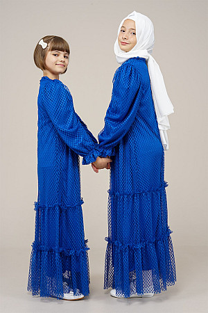 Genç Kız Kat Kat Pileli Boydan Elbise  Saks Mavisi