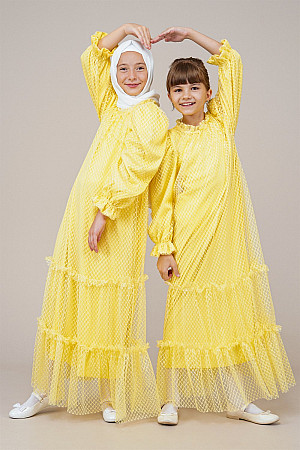Genç Kız Kat Kat Pileli Boydan Elbise  Sarı