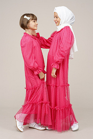 Young Girl&#39;s Tiered Pleated All-Length Dress Fuchsia