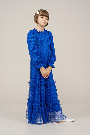 Genç Kız Kat Kat Pileli Boydan Elbise  Saks Mavisi
