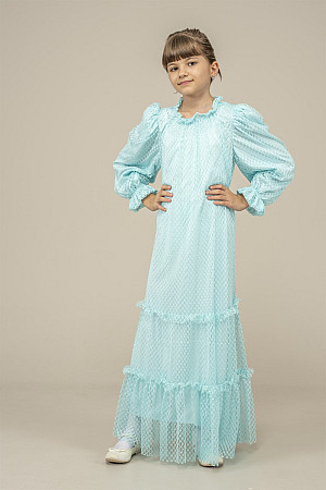 Young Girl&#39;s Layered Pleated All-Length Dress Turquoise