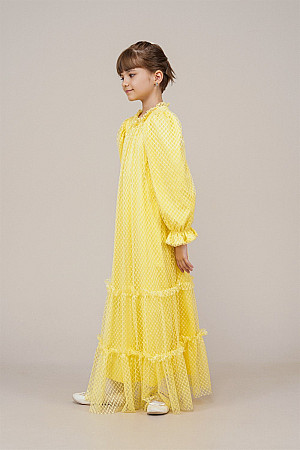 Genç Kız Kat Kat Pileli Boydan Elbise  Sarı