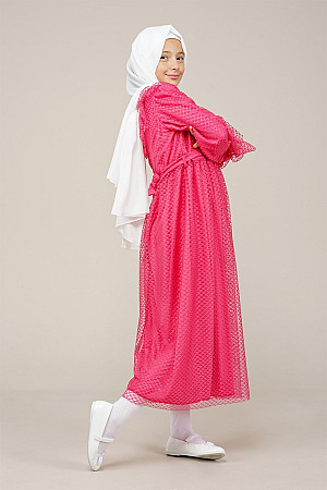 Genç Kız Kolları Pileli Boydan Elbise  Fuşya