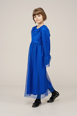 Genç Kız Kolları Pileli Boydan Elbise  Saks Mavisi