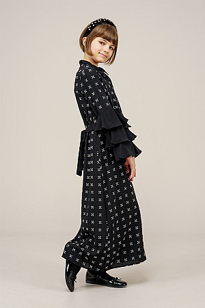 Genç Kız Kolları Pileli Boydan Elbise  Siyah