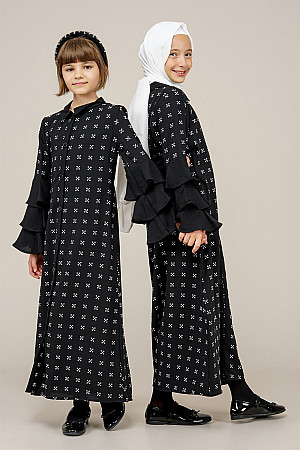 Young Girl&#39;s Sleeves Pleated Length Dress Black