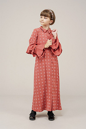 Genç Kız Kolları Pileli Boydan Elbise  Kiremit