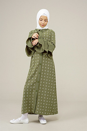 Genç Kız Kolları Pileli Boydan Elbise  Haki