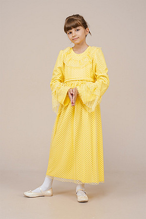 Young Girl&#39;s Sleeves Pleated Length Dress Yellow
