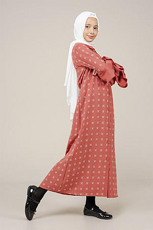 Genç Kız Kolları Pileli Boydan Elbise  Kiremit