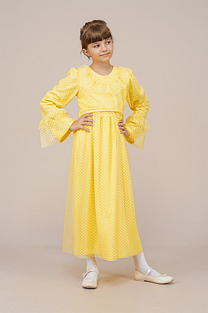 Genç Kız Kolları Pileli Boydan Elbise  Sarı