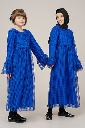 Genç Kız Kolları Pileli Boydan Elbise  Saks Mavisi