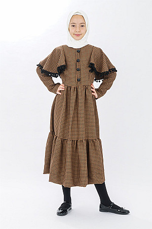 Young Girl Sleeves Flounce Pompom Detailed Dress Brown