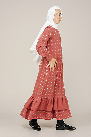 Genç Kız Pile Detaylı Boydan Elbise  Kiremit