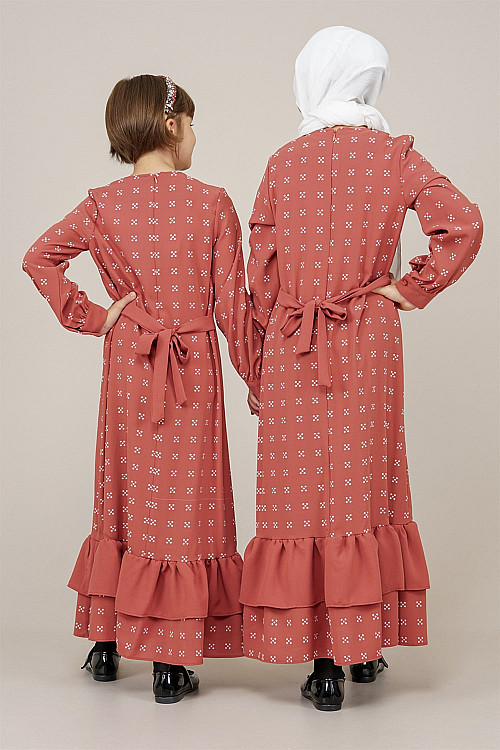 Genç Kız Pile Detaylı Boydan Elbise  Kiremit