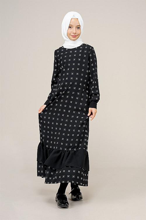 Genç Kız Pile Detaylı Boydan Elbise  Siyah