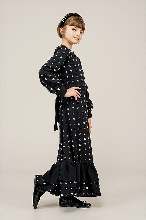 Genç Kız Pile Detaylı Boydan Elbise  Siyah