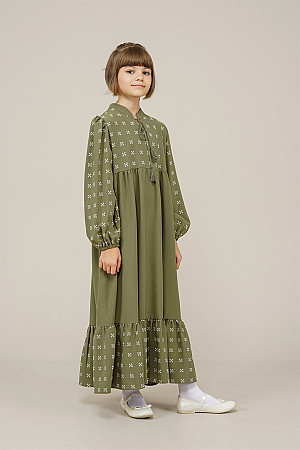 Young Girl Tassel Detailed Pompom Dress Khaki