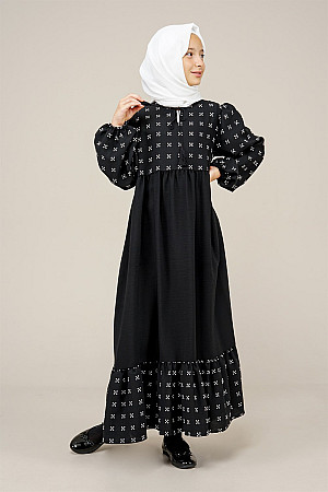 Young Girl Tassel Detailed Pompom Dress Black