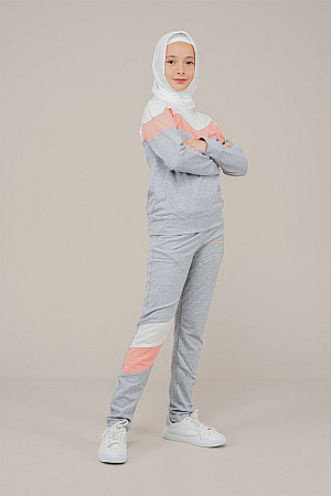 Young Girls Stripe Detailed Tracksuit Set Salmon