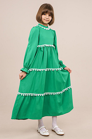 Genç Kız Yakası Ve Kolları Ponpon Detaylı Elbise Yeşil
