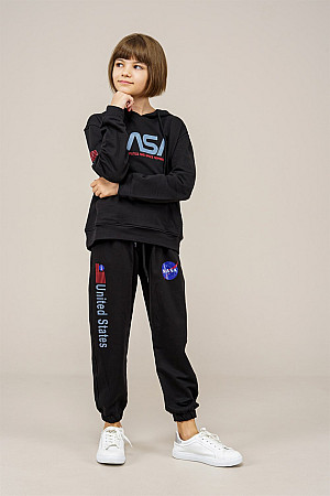 Young Girls Text Printed Tracksuit Set Black